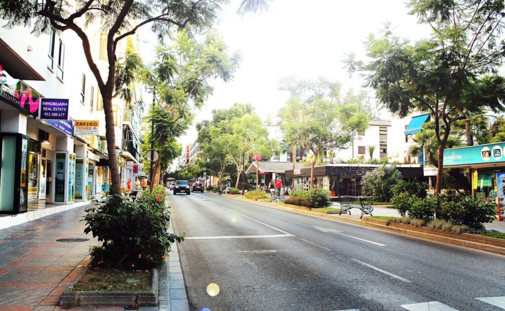 A vibrant city street scene with lush green trees and shops, capturing an urban atmosphere.